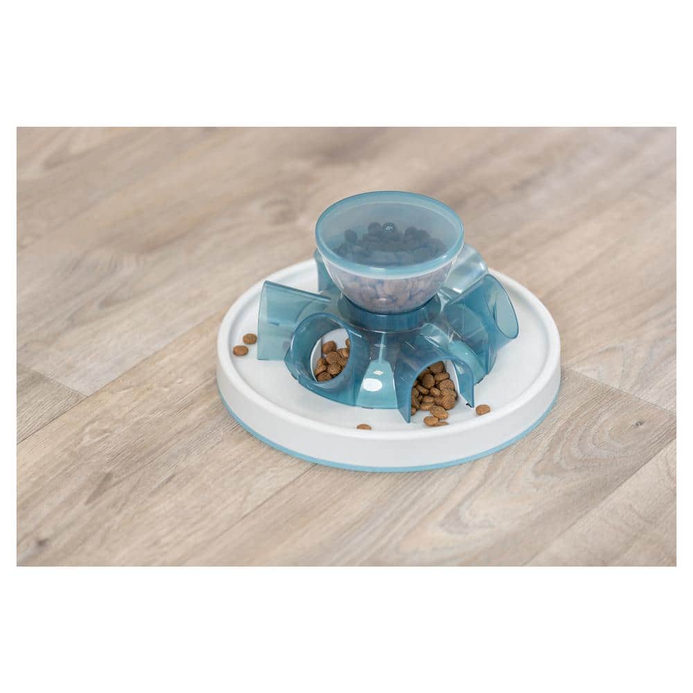 Interactive Blue and White Plastic Tunnel Feeder for Cats
