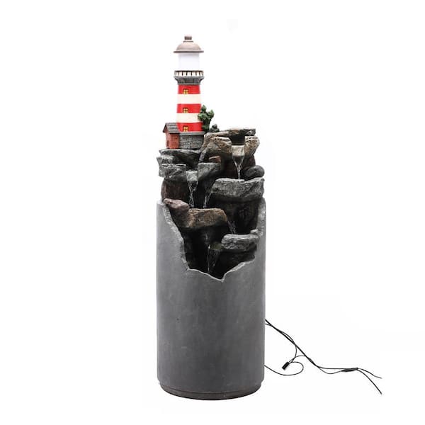 LuxenHome Resin/Cement Lighthouse Outdoor Waterfall Fountain with LED Lights