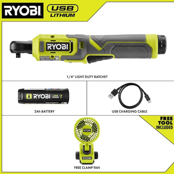 USB Lithium 1/4 in. Ratchet Kit, 2.0 Ah Battery, USB Charging Cable and USB Lithium Cordless Clamp Fan