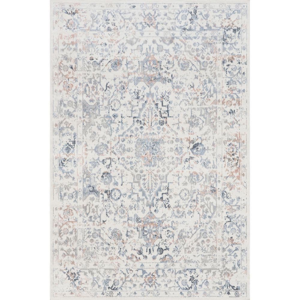 Everlee Faded Persian Blue and Beige Washable Area Rug