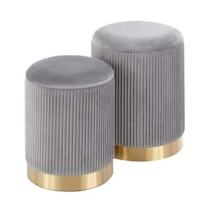 Marla Grey Pleated Nesting Velvet and Gold Ottoman Set