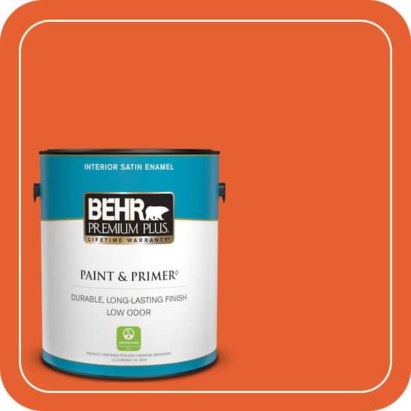 BEHR PREMIUM PLUS 1 gal. #S-G-230 Startling Orange Satin Enamel Low Odor Interior Paint & Primer