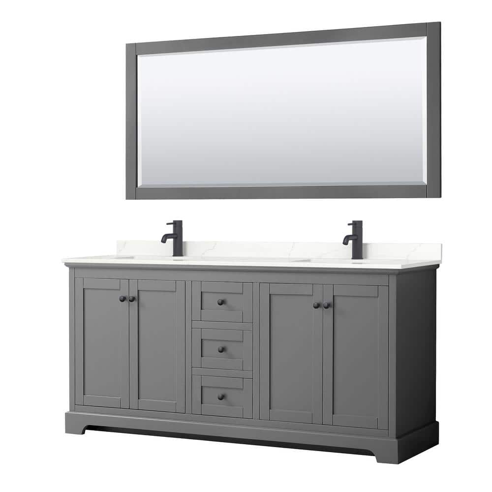 Wyndham Collection Avery 72 in. W x 22 in. D x 35 in. H Double Bath Vanity in Dark Gray with Giotto Qt. Top and 70 in. Mirror, Dark Gray with Matte Black Trim -  840193390485