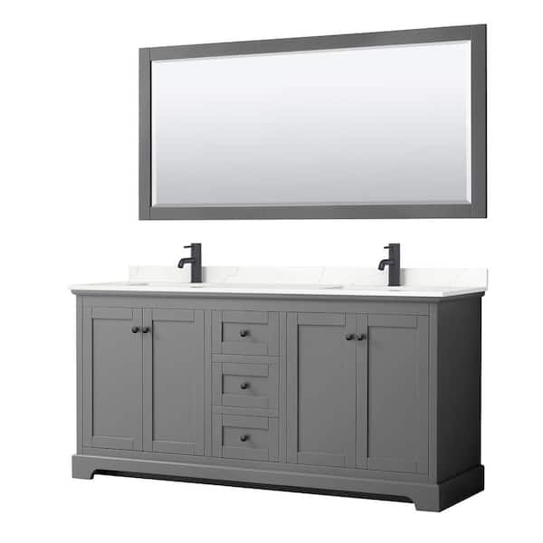 Wyndham Collection Avery 72 in. W x 22 in. D x 35 in. H Double Bath Vanity in Dark Gray with Giotto Qt. Top and 70 in. Mirror