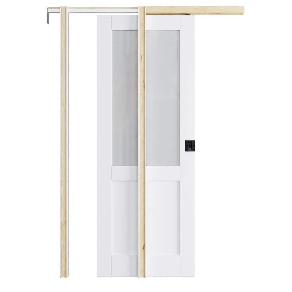 30 in. x 80 in. 1/2 Frosted Glass White Primed Wood Pocket Door with Door Hardware Kit (Soft Close and Black Lock Incl) price history on PriceWatchPro
