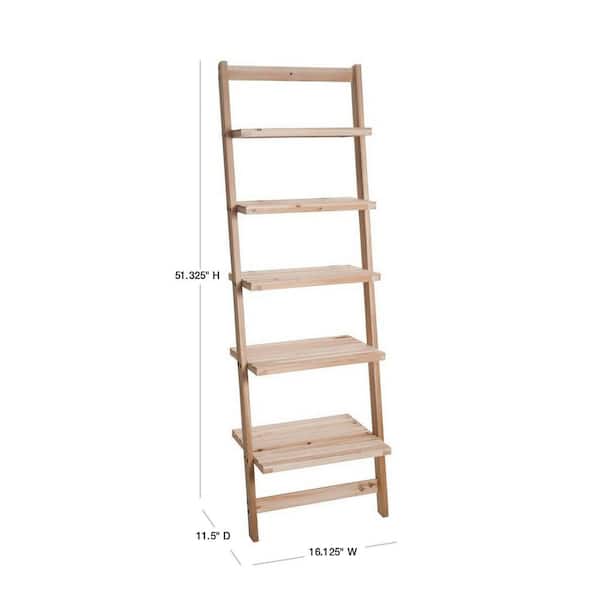 5 Tier Ladder Blonde Wood Storage Shelf, 5 Tier Leaning Wall Bookcase Shelf In White