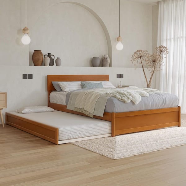 AFI Wesley Light Toffee Natural Bronze Solid Wood Frame Full Platform Bed with Panel Footboard and Twin Trundle