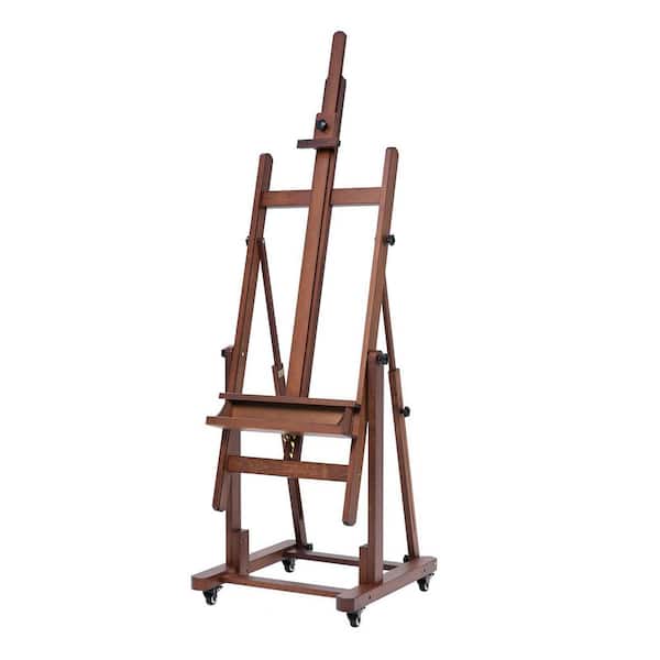Extra Large H-Frame Studio Easel Heavy-Duty Solid Beech Wood Artist Painting Stand with 4 Locking Wheels Walnut
