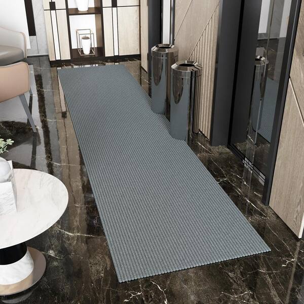 Ribbed Non-Slip Rubberback Indoor/Outdoor Long Hallway Runner Rug 2 ft. 7 in. x 16 ft., Gray Polyester Garage Flooring