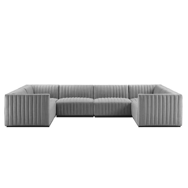 MODWAY Conjure 146 in. W Channel Tufted Upholstered Fabric 6-Piece U-Shaped Symmetrical Sectional in Black Light Gray