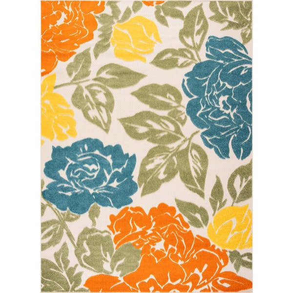 Tayse Rugs Oasis Gold 8 ft. x 10 ft. Floral Indoor/Outdoor Area Rug