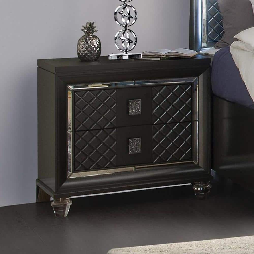30" Gray Solid Wood Nightstand with Acrylic Legs and Embossed Fronts
