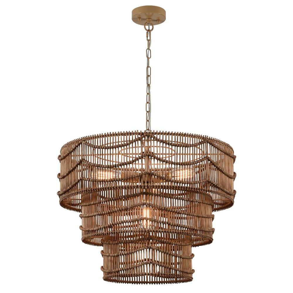 4-Light 25.75 in. Brown 3-Tiered Rustic Chandelier Light with Rattan Shade price history on PriceWatchPro