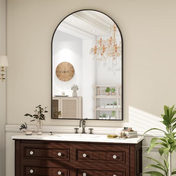 Black 32 in. W x 48 in. H Arched Modern Aluminum Alloy Framed Mirror Wall Mirror