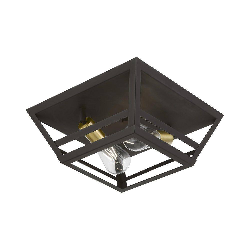 Bronze and Antique Brass 2-Light Flush Mount with Metal Shade