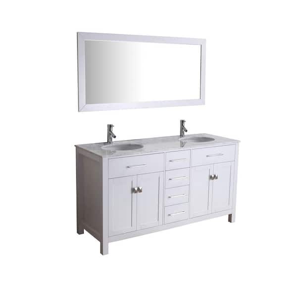 Virtu USA 59-1/10 in. Double Basin Vanity in White with Marble Vanity Top in Italian Carrara White and Framed Mirror-DISCONTINUED
