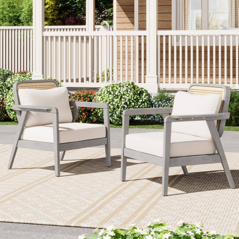 2-Pieces Acacia Wood Outdoor Chaise Lounge, Patio Club Chair with Cream Cus