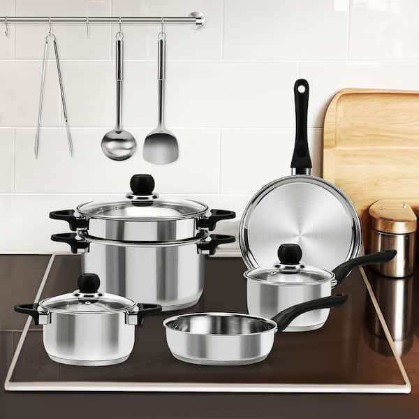 15-Piece Stainless Steel Cookware Set,2.8 qt. Sauce Pan,9.5 in. Frying Pan,3.8 qt., 6.5 qt. Soup Pots w/ 4.5 qt. Steamer
