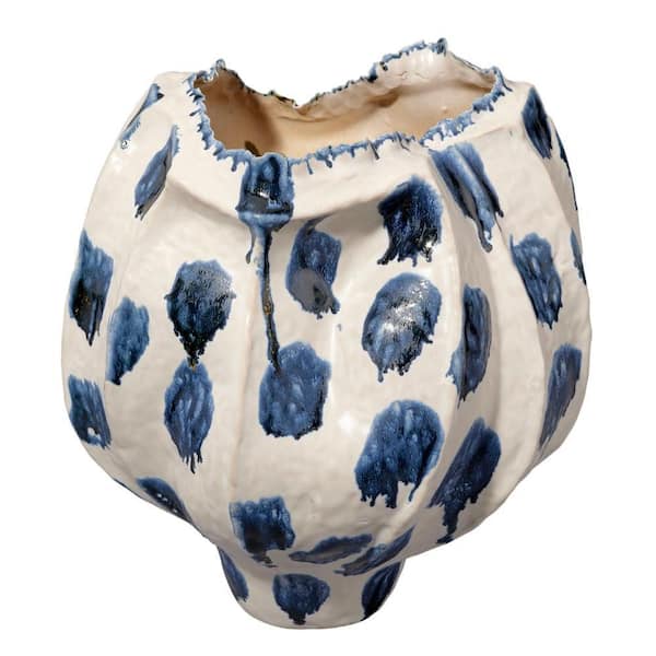 Nery 12 in. Blue and White Ceramic Amphora Decorative Vase