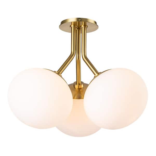 17.32 in. 3-Light Antique Gold Plating Mid Century Modern Globe Semi Flush Mount Ceiling Light Sputnik Chandelier