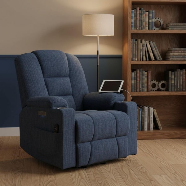 Blue Power Lift Recliner Chair with Remote Control Dual USB Ports Cup Holders Chenille Upholstery 350 lbs. Capacity
