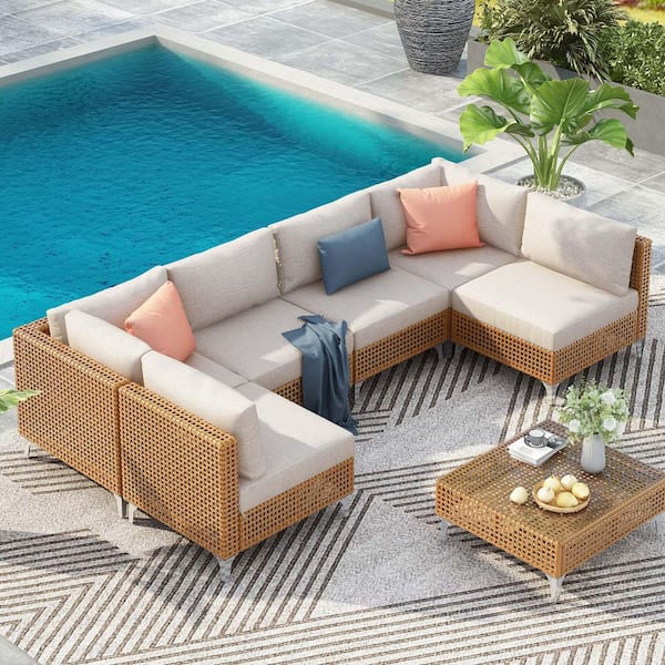 Unbranded Brown 7-Piece Wicker Outdoor Sectional Furniture Patio Conversation Set with Beige Cushions and Coffee Table