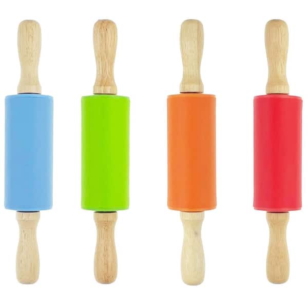 Mini Silicone Rolling Pin Set 4-Pack 9 Inch Solid Wooden Handle for Kids Home Kitchen Fondant Pastry