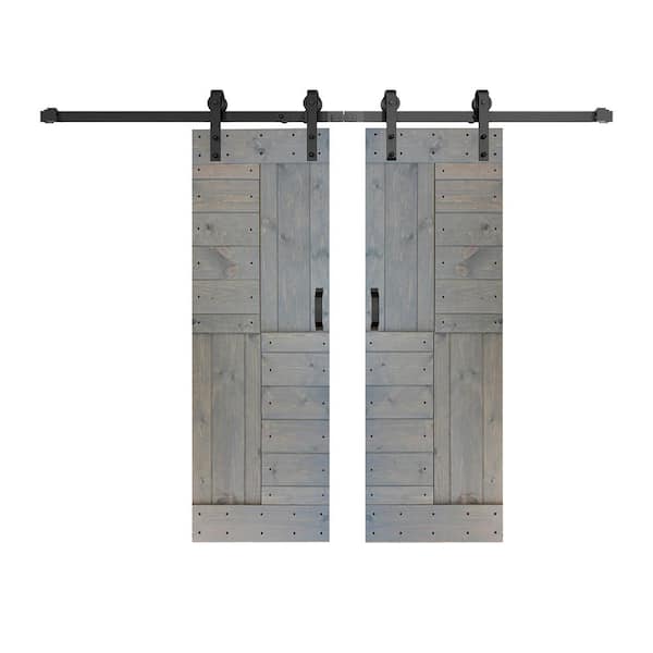 ISLIFE 56 in. x 84 in. French Gray Finished DIY Solid Wood Double Sliding Barn Door with Hardware Kit
