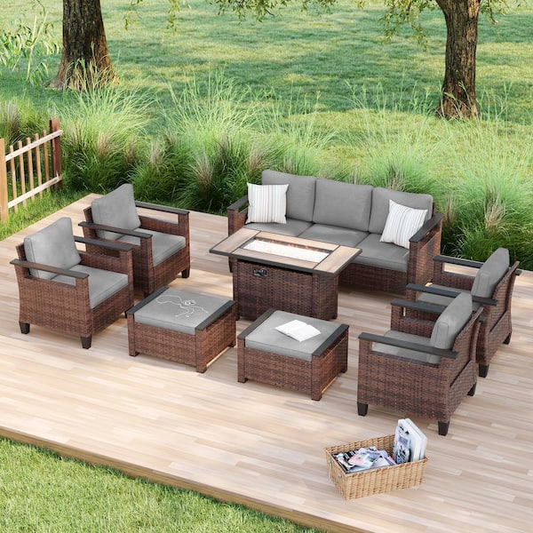 Sonkuki 8 Pieces Brown Wicker Gray Cushion Patio Conversation Set with Rectangle Firepit Table and Ottomans