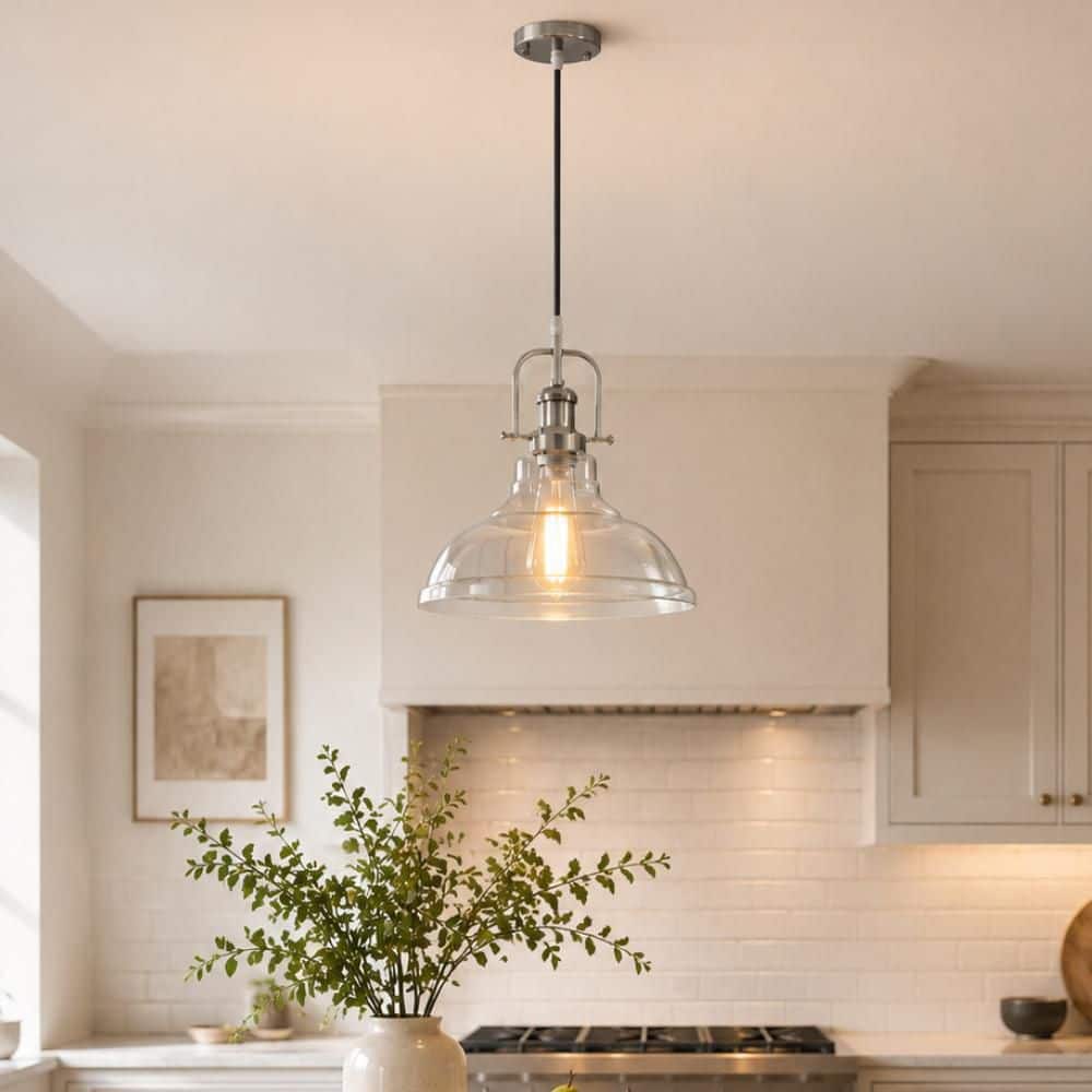 YANSUN 1-Light Brushed Nickel Modern Farmhouse Semi Flush Mount