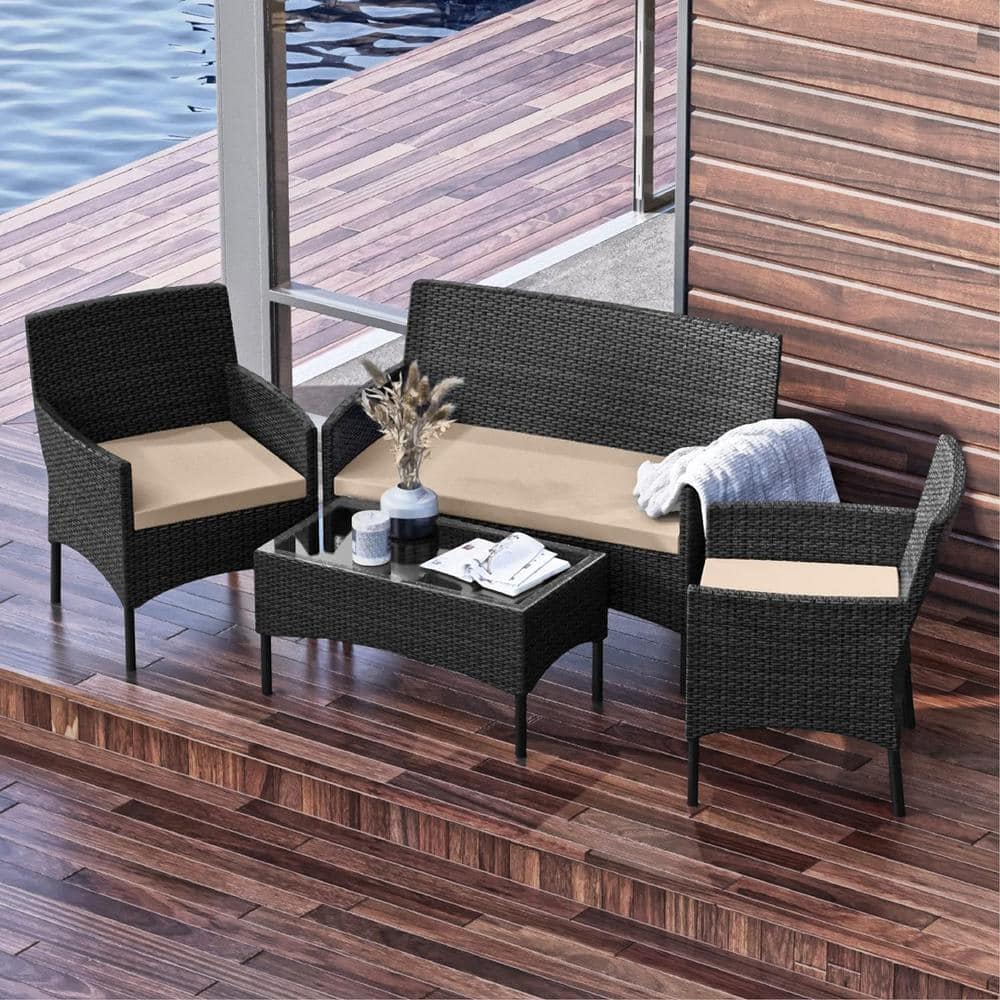 4-Seater Outdoor Wicker Patio Conversation Set - 4 Piece Set