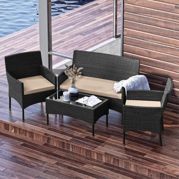 HEARTH & HARBOR 4-Piece Black Patio Outdoor Furniture Wicker Conversation Set with Beige Cushions, 1-Loveseat, 2-Chairs and Coffee Table