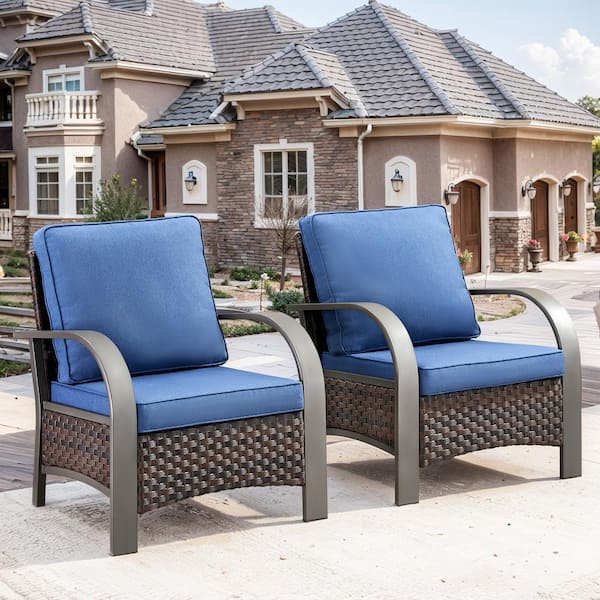 Pocassy Iron Bend Series 2-Pack Brown Wicker Outdoor Patio Lounge Chair with CushionGuard Blue Cushions