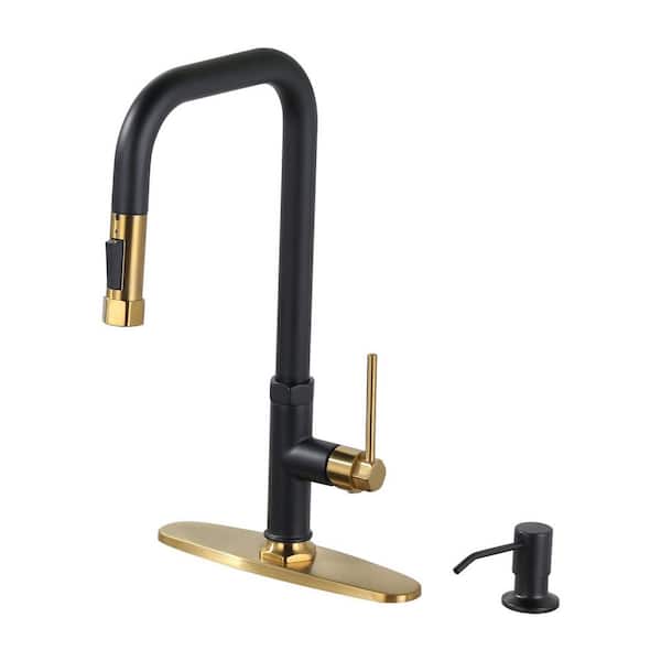 VEVETTA 17 in. Single Handle Pull Down Sprayer Kitchen Faucet with 360° 2-Mode Spray and Soap Dispenser in Black and Gold