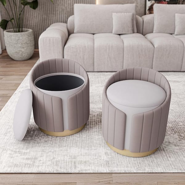 Techni Home Taupe Velvet Plush Vanity Stool with Storage Ottoman