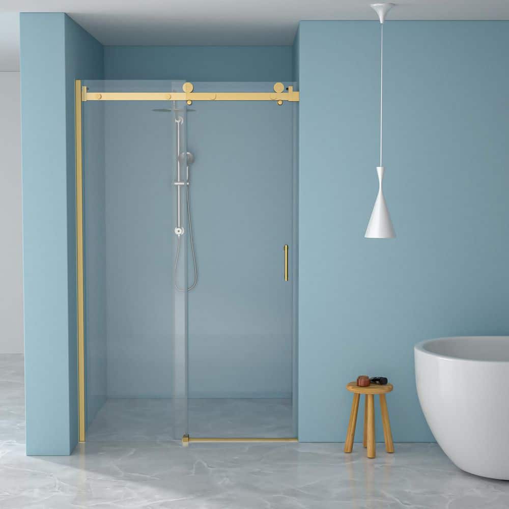 48 in. W x 76 in. H Single Sliding Semi Frameless Shower Door in Gold Finish with Clear Tempered Glass price history on PriceWatchPro