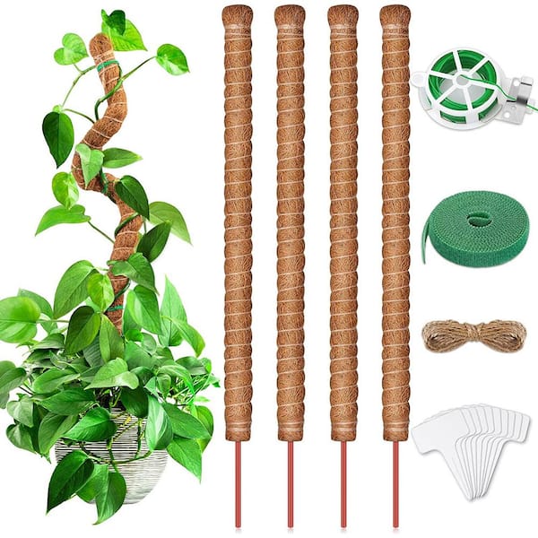 EVEAGE 25 in. Bendable Plant Stakes Moss Pole for Plant Monstera with Twist Ties Plant Ties Labels Jute Rope (4-Pack)
