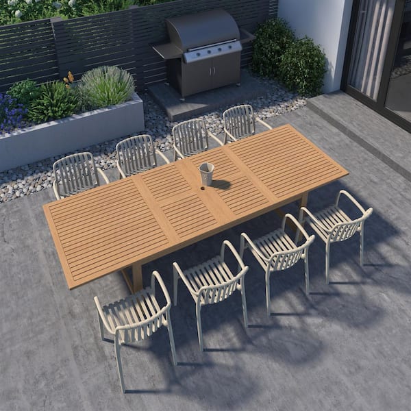 Takamaka 9-Piece Teak Finish Wood 100% FSC Rectangular Patio Dining Set Sand