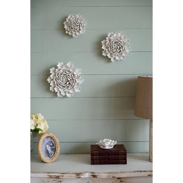 Vsmile 7.3 x 2.8 in. Cream White Sculpture Ceramic Flower Wall