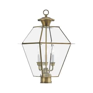 Ainsworth 22 in. 3-Light Antique Brass Cast Brass Hardwired Outdoor Rust Resistant Post Light with No Bulbs Included