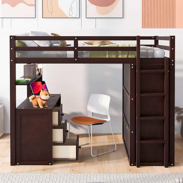 Espresso Full Size Wood Loft Bed with Drawers, Desk, and Wardrobe