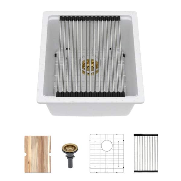 17 in. x 19 in. x 9.65 in. White Quartz Composite Undermount Bar Sink with Workstation Accessories