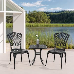 3-Piece Black Cast Aluminium Square Table Outdoor Bistro Set Armless Chairs