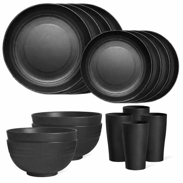 16-Piece Wheat Straw Plastic Dinnerware Set in Black Service for 4 with Plates Bowls and Cups