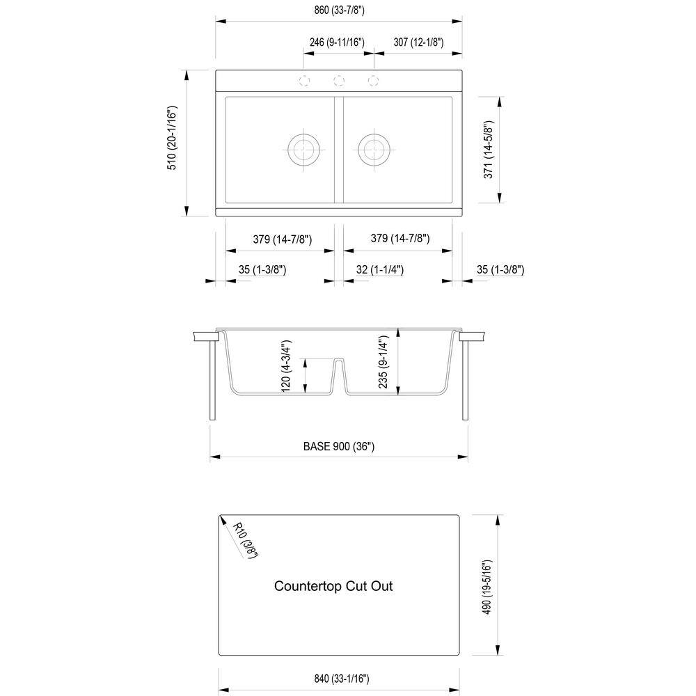 34'' White Granite Composite Double Bowl Drop-In Kitchen Sink