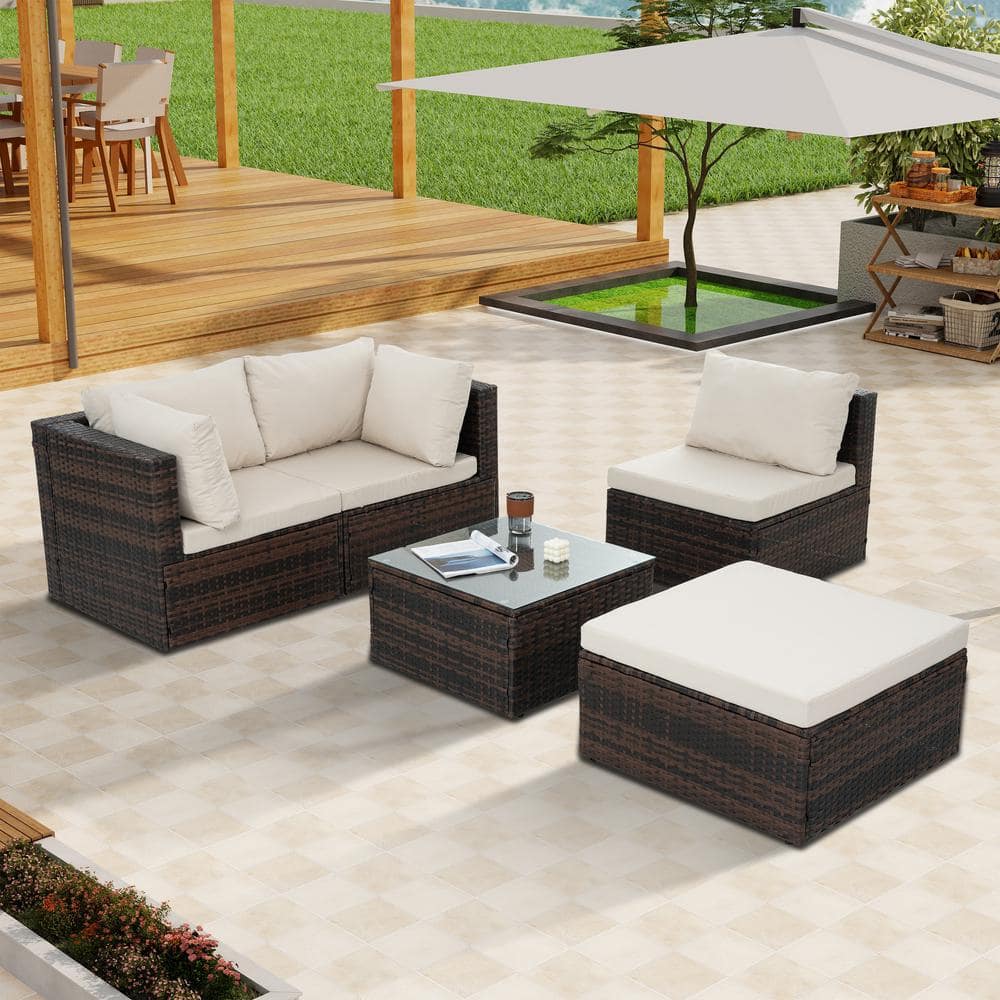 5-Piece Wicker Outdoor Sofa Sectional Set with Beige Cushions