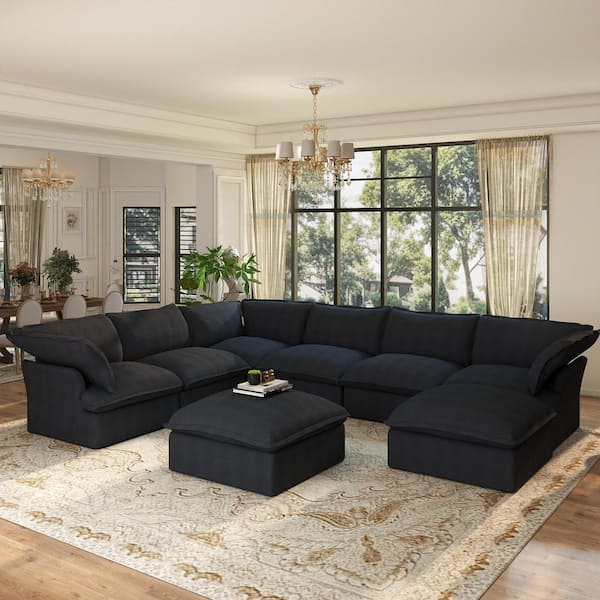 Wide Deep Seat 163 in. Flared Arm 8-Piece Down Filled Linen U-shaped Modular Sectional Sofa Corner Cloud Couch in. Black