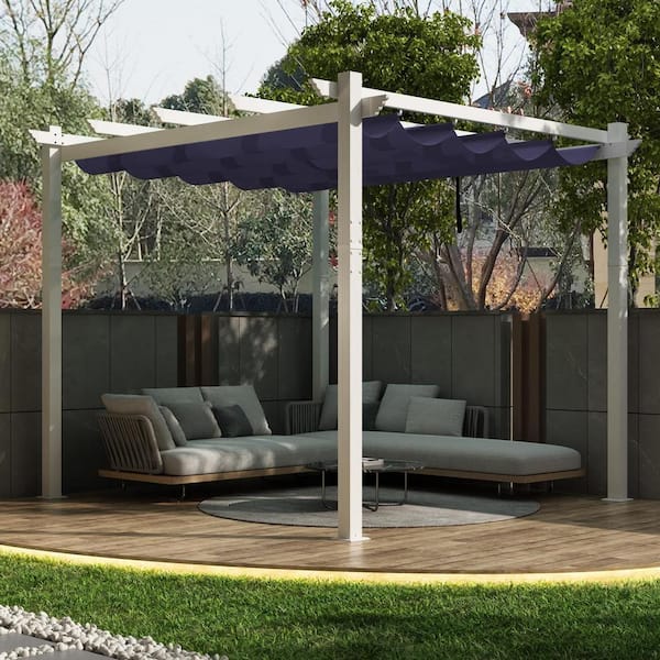 PURPLE LEAF 10 ft. x 10 ft. White Aluminum Frame Outdoor Patio Pergola Gazebo with Navy Blue Retractable Sun Shade Canopy for Garden