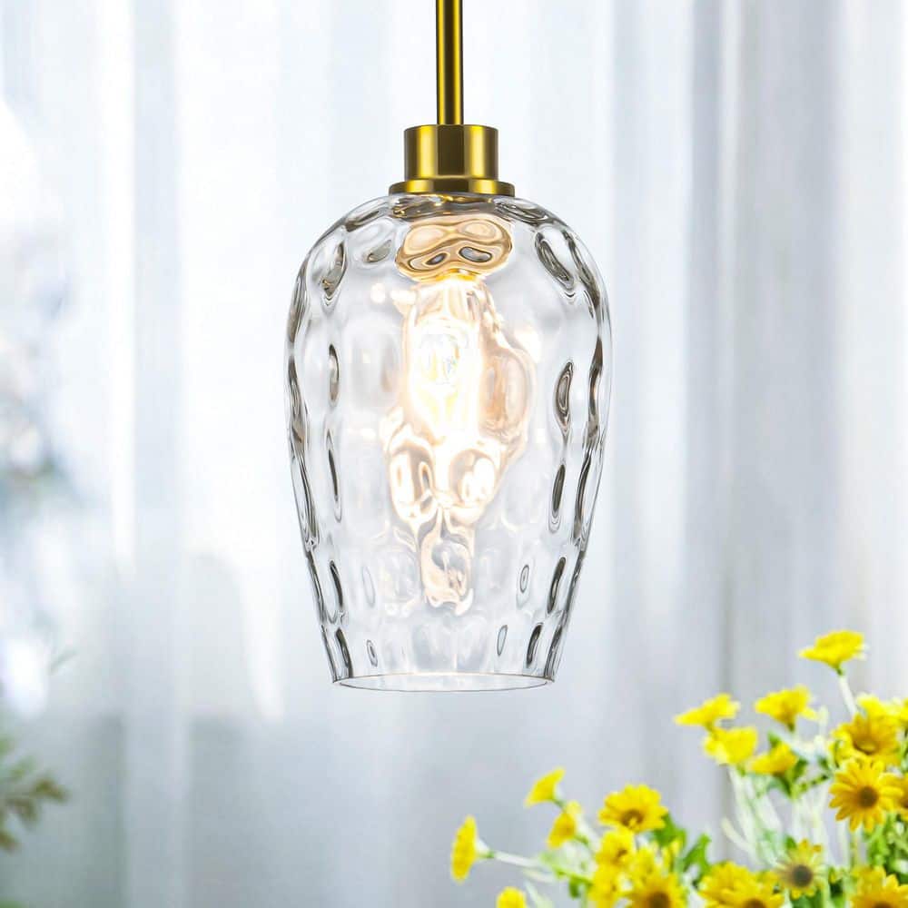 RayHome 60W 1-Light Modern Gold Adjustable Height Pendant Light with Hand-Blow Hammered Glass for Kitchen Bedroom