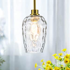 RayHome 60W 1-Light Modern Gold Adjustable Height Pendant Light with Hand-Blow Hammered Glass for Kitchen Bedroom